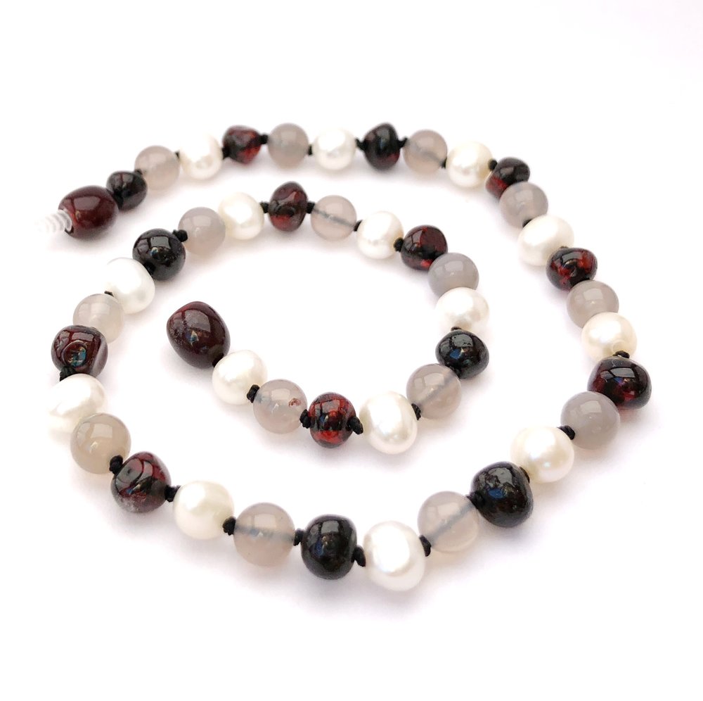 Momma Goose Amber Teething Necklace-Empress,Cherry Amber, Pearls & Agate