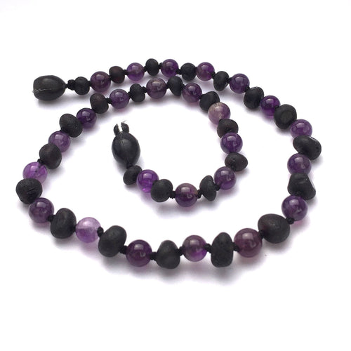 Momma Goose Amber Teething Necklace-Raw Cherry & Amethyst